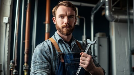 Poster - A detailed view of a plumber in overalls, holding a wrench and looking directly at the camera, with pipes and fittings visible in the background