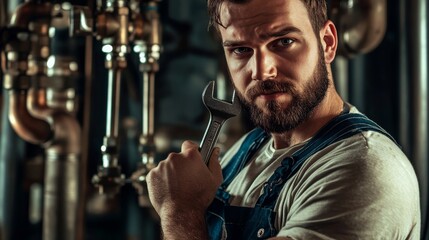 Poster - A detailed view of a plumber in overalls, holding a wrench and looking directly at the camera, with pipes and fittings visible in the background
