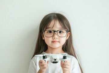 Aufkleber - A girl holding a small white drone, smiling and wearing glasses against a plain background.