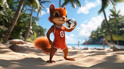 Wall Mural - A cartoon squirrel in sports attire holds a soccer ball on a beach with palm trees.