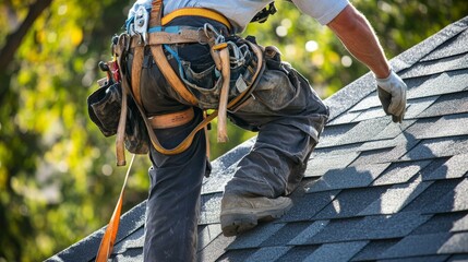 Poster - A detailed view of a roofer securing shingles, with safety harness and roofing materials visible, Roofing site scene