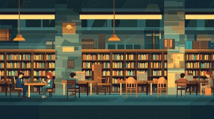 Aufkleber - A cozy library scene with people studying and reading among shelves of books.