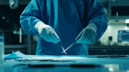 Poster - A detailed view of a surgeon in a sterile operating room, wearing a blue surgical gown and gloves, holding a scalpel ready for an incision