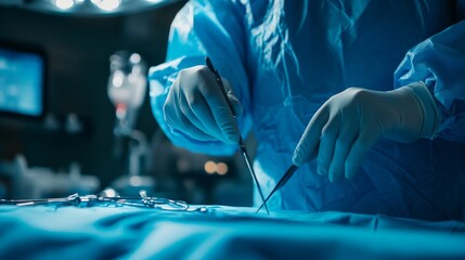 Poster - A detailed view of a surgeon in a sterile operating room, wearing a blue surgical gown and gloves, holding a scalpel ready for an incision