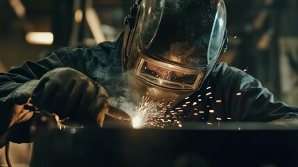 Poster - A detailed view of a welder in a protective helmet and gloves, with welding sparks visible, looking directly at the camera