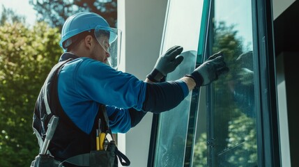 Poster - A detailed view of a window installer in safety gear, fitting a large glass pane into a frame with a building exterior in the background, Window installation scene