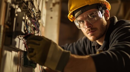 Poster - A detailed view of an electrician connecting wires in a breaker panel, wearing safety gloves and goggles, with the breaker panel open in the background