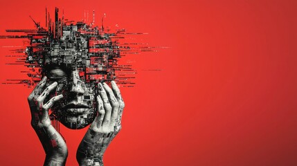 Fototapete - Hands accessing breached ai database in a vivid red environment a digital security event unveiled