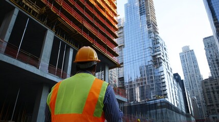 Aufkleber - A focused image of a construction safety officer conducting a safety inspection at a construction site, Construction site safety inspection scene, Vigilant and authoritative style