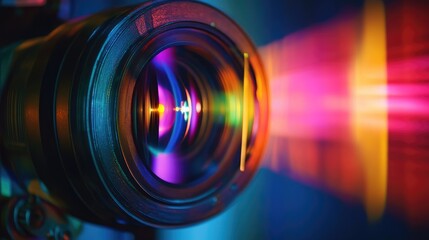 Poster - Close-Up of a Camera Lens with Colorful Light Reflection and Bokeh Effect Captured in an Artistic Photography Setting for Creative Projects