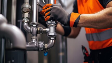 Poster - A focused image of a plumber installing piping systems in a commercial kitchen renovation, Plumbing installation scene, Practical and precise style