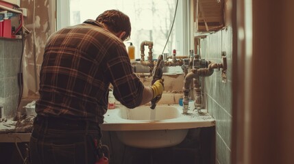 Poster - A focused image of a plumber repairing water pipes in a residential renovation project, Plumbing repair scene, Practical and precise style