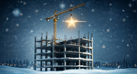 Poster - construction site decorated for the new year, star on the crane. Generative AI