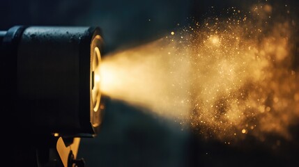 Poster - Captivating Dust and Light Rays Emitting from a Vintage Spotlight, Creating a Magical Atmosphere in a Darkened Space