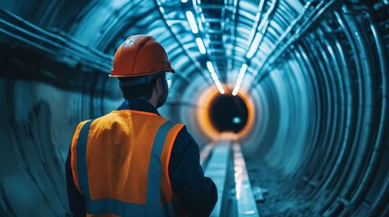 Poster - A focused image of a tunnel engineer examining tunnel excavation progress underground, Underground tunnel excavation scene, Technical and underground style