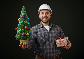 Wall Mural - cheerful builder engineer in white helmet holds New Year tree in hand and enjoys holiday. Generative AI