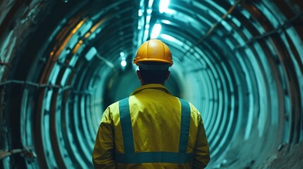 Poster - A focused image of a tunnel engineer examining tunnel excavation progress underground, Underground tunnel excavation scene, Technical and underground style