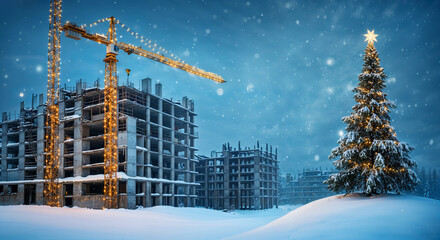 Poster - construction site decorated for the new year, space for text. Generative AI