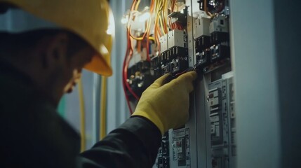 Poster - A focused image of an electrician installing electrical panels in a new office building, Electrical installation scene, Technical and electrical style
