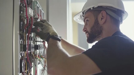Poster - A focused image of an electrician installing electrical panels in a new office building, Electrical installation scene, Technical and electrical style