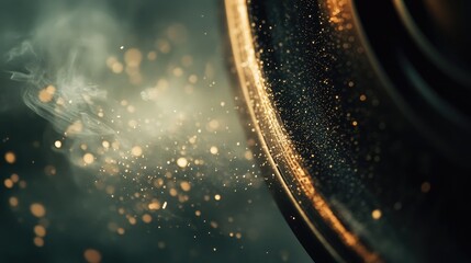 Poster - Abstract close-up of sparkling particles escaping from a circular metallic surface, creating a dreamy atmosphere with hints of light and texture for artistic visuals.