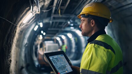 Poster - A focused portrait of a tunnel engineer monitoring tunnel boring machine progress underground, Tunnel boring machine monitoring scene, Technical and underground style