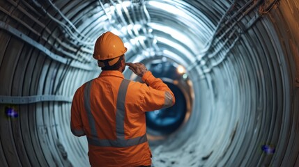 Poster - A focused portrait of a tunnel engineer monitoring tunnel boring machine progress underground, Tunnel boring machine monitoring scene, Technical and underground style
