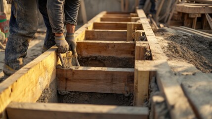 Poster - A focused shot of a carpenter assembling wooden formwork for a building foundation, Formwork construction scene, Skilled and meticulous style