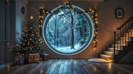 Poster - cozy interior decorated for Christmas, atmosphere of celebration and anticipation of the New Year, winter forest outside the window. Generative AI