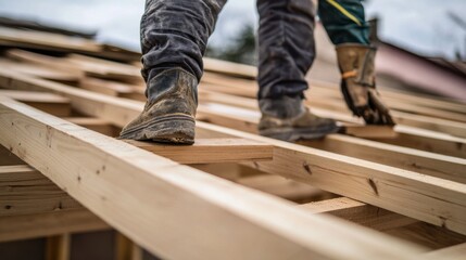 Poster - A focused shot of a carpenter cutting and installing wooden beams for roof framing at a residential construction site, Roof framing carpentry scene, Skilled and meticulous style