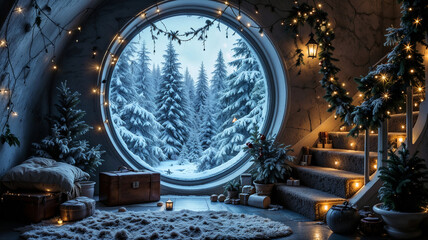 Wall Mural - cozy interior decorated for Christmas, atmosphere of celebration and anticipation of the New Year, winter forest outside the window. Generative AI