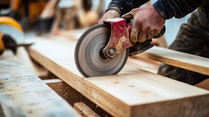 Poster - A focused shot of a carpenter using a circular saw to cut plywood for formwork on a building foundation, Formwork carpentry scene, Skilled and meticulous style