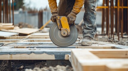 Poster - A focused shot of a carpenter using a circular saw to cut timber beams on a construction site, Timber construction scene, Skilled and precise style