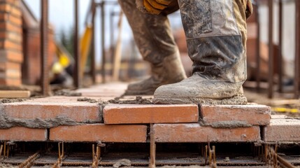 Poster - A focused shot of a mason laying bricks on a construction site, Masonry scene, Methodical and structured style
