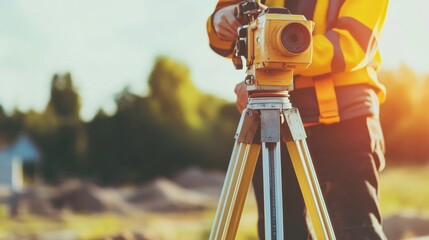 Aufkleber - A focused shot of a surveyor using equipment to measure land contours on a development site, Land surveying scene, Methodical and precise style