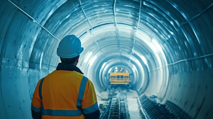 Poster - A focused shot of a tunnel construction worker inspecting tunnel boring machine components underground, Tunnel excavation scene, Technical and underground style