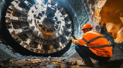 Poster - A focused shot of a tunnel construction worker inspecting tunnel boring machine components underground, Tunnel excavation scene, Technical and underground style