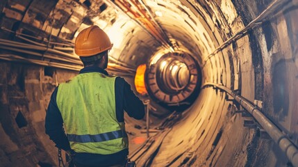 Poster - A focused shot of a tunnel construction worker inspecting tunnel boring machine components underground, Tunnel excavation scene, Technical and underground style