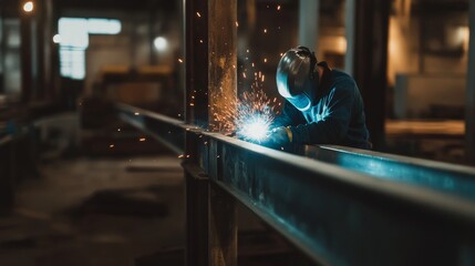 Poster - A focused shot of a welder performing intricate welding on industrial pipelines at an oil refinery, Oil refinery pipeline welding scene, Skilled and meticulous style