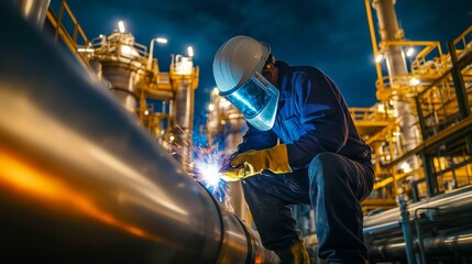 Poster - A focused shot of a welder performing intricate welding on steel beams at a bridge construction site, Bridge construction steel welding scene, Skilled and meticulous style