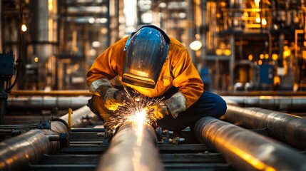 Poster - A focused shot of a welder performing intricate welding on steel beams at a bridge construction site, Bridge construction steel welding scene, Skilled and meticulous style