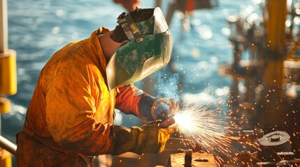 Poster - A focused shot of a welder performing pipe welding on offshore oil rig platforms, Offshore oil rig welding scene, Skilled and meticulous style