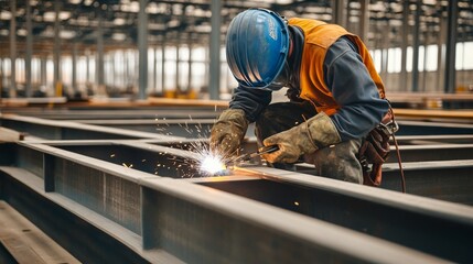 Poster - A focused shot of a welder performing precision welding on structural steel beams at an industrial warehouse construction site, Warehouse steel welding scene, Skilled and meticulous style