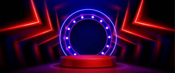 Poster - round stage with spotlight illumination on dark background. vector realistic illustration of red and