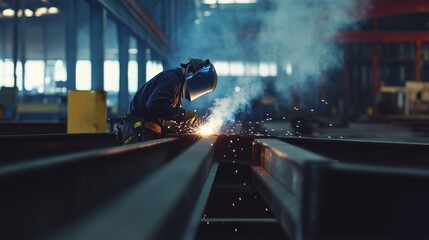 Poster - A focused shot of a welder performing structural welding on steel beams at a bridge construction site, Bridge welding scene, Skilled and meticulous style