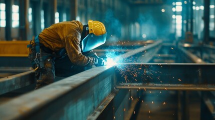 Poster - A focused shot of a welder performing structural welding on steel beams at a commercial building site, Commercial welding scene, Skilled and meticulous style