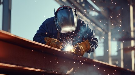 Poster - A focused shot of a welder performing structural welding on steel beams at an industrial facility, Industrial welding scene, Skilled and meticulous style