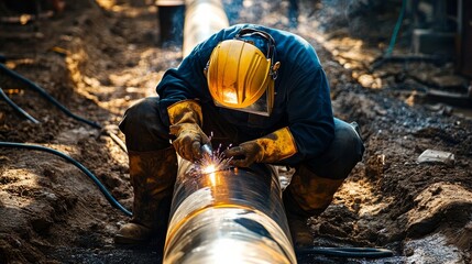 Poster - A focused shot of a welder performing welding on a pipeline at an industrial refinery site, Industrial pipeline welding scene, Skilled and meticulous style