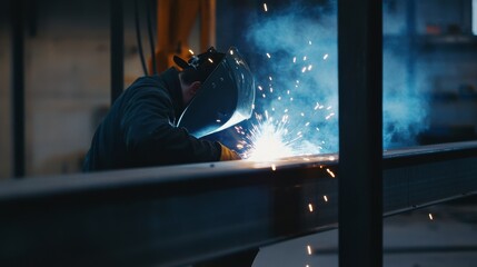 Poster - A focused shot of a welder performing structural welding on steel beams at an industrial plant expansion site, Industrial plant welding scene, Skilled and meticulous style