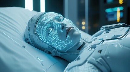 Poster - Futuristic Robot Face with Digital Interface Display